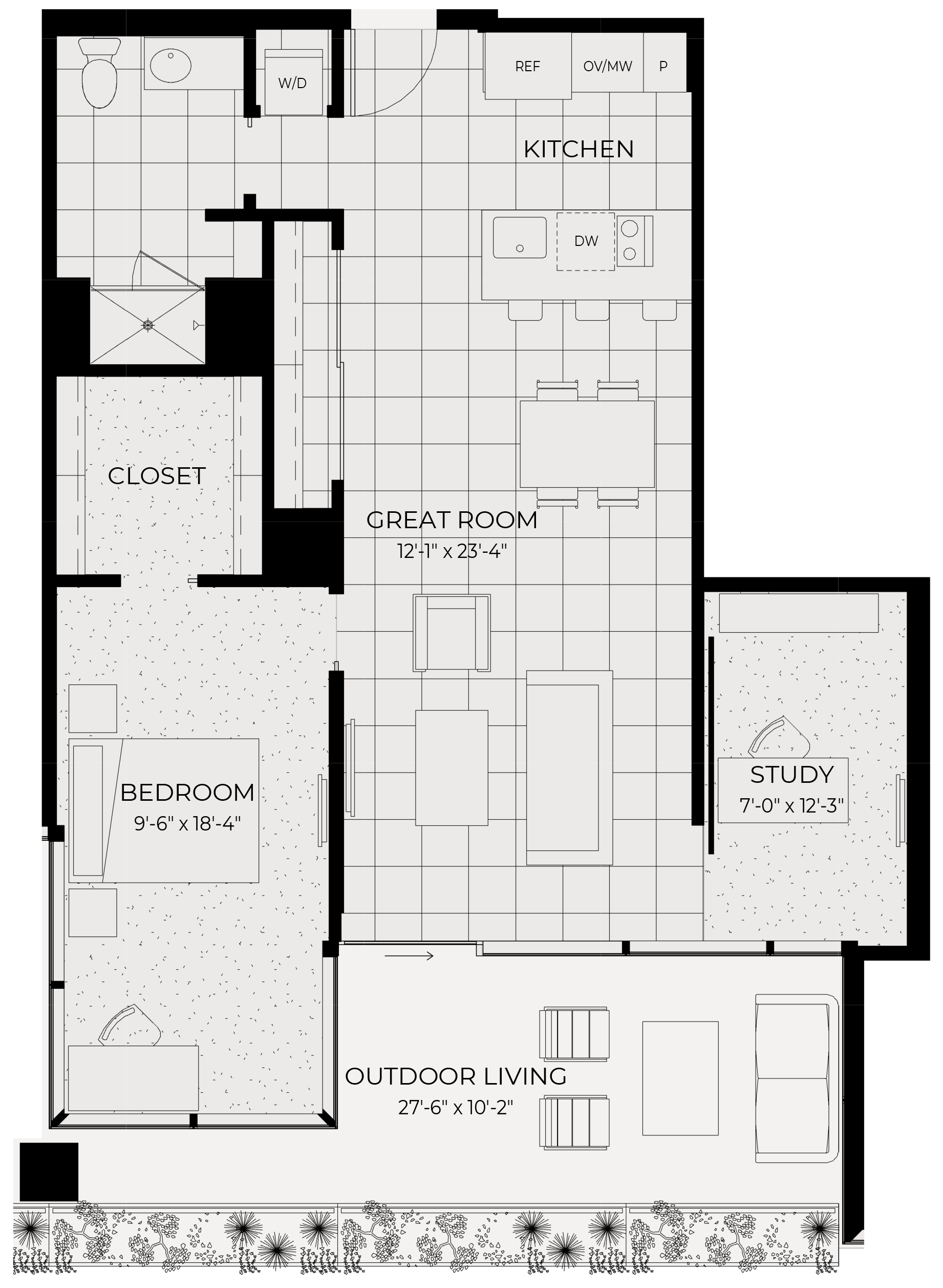 Floor plan for 1 bed, 1 bath, 846 sqft